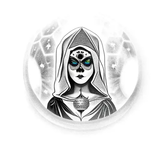 hooded dark lady holding crystal ball with black hidden with crow tattoo design idea