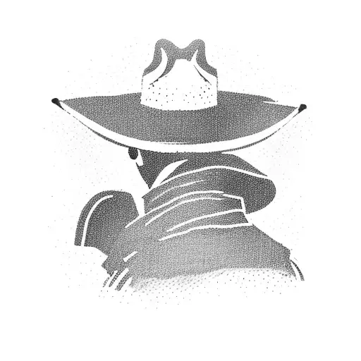 silhouette of a lone cowboy walking with a trench coat and hat, reminiscent of Red Dead Redemption 2. In the background, tattoo design idea