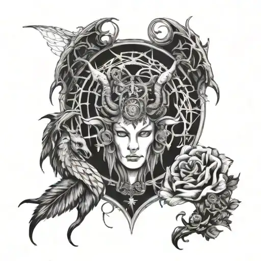 half taurus half capricorn. backround should be cobweb with angel with a lot of eyes tattoo design idea