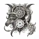 half taurus half capricorn. backround should be cobweb with angel with a lot of eyes tattoo design idea