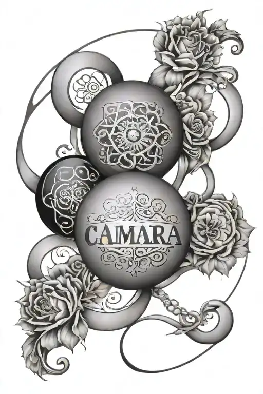 A sphere with the names Omaira, Valentina, Camila, Sandra, Andrea, Isabella, the names intertwined tattoo design idea