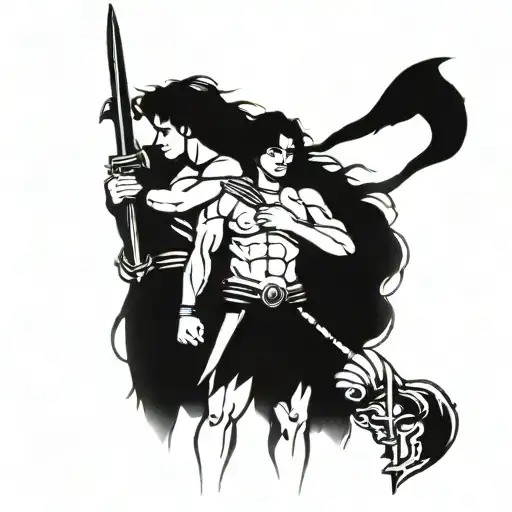 A tattoo design featuring two daughters holding hands, with a Spartan warrior from the 300 movie standing behind them in a protective stance tattoo design idea