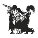 A tattoo design featuring two daughters holding hands, with a Spartan warrior from the 300 movie standing behind them in a protective stance tattoo design idea