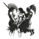 A tattoo design featuring two daughters holding hands, with a Spartan warrior from the 300 movie standing behind them in a protective stance tattoo design idea