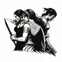 A tattoo design featuring two daughters holding hands, with a Spartan warrior from the 300 movie standing behind them in a protective stance tattoo design idea