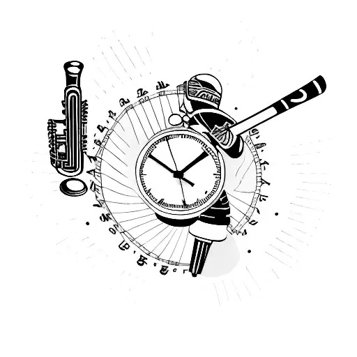 New York Rangers with hockey sticks with a mechanical watch and a clarinet and music in general tattoo design idea