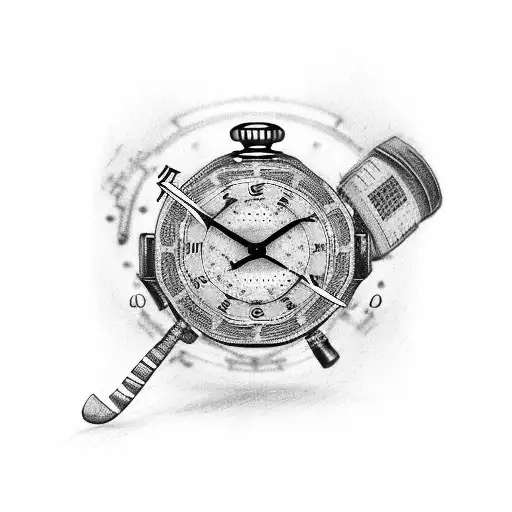 New York Rangers with hockey sticks with a mechanical watch clockworks and a clarinet and music in general tattoo design idea