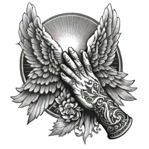 Angel wings sun rays hand pray hands tattoo design idea