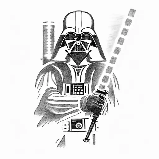 A tattoo of Darth Vader wielding a lightsaber in a dramatic pose tattoo design idea