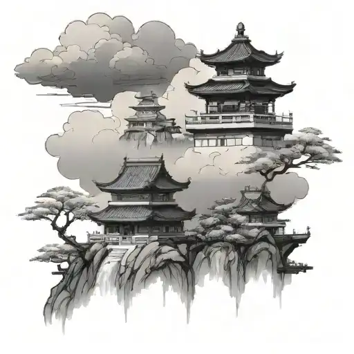 Chinese castle and clouds  tattoo design idea