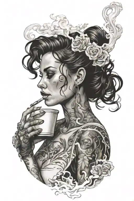 smoking woman holding cup and cig pov closing out type scenery real capture that dept and emotion of suffering   tattoo design idea
