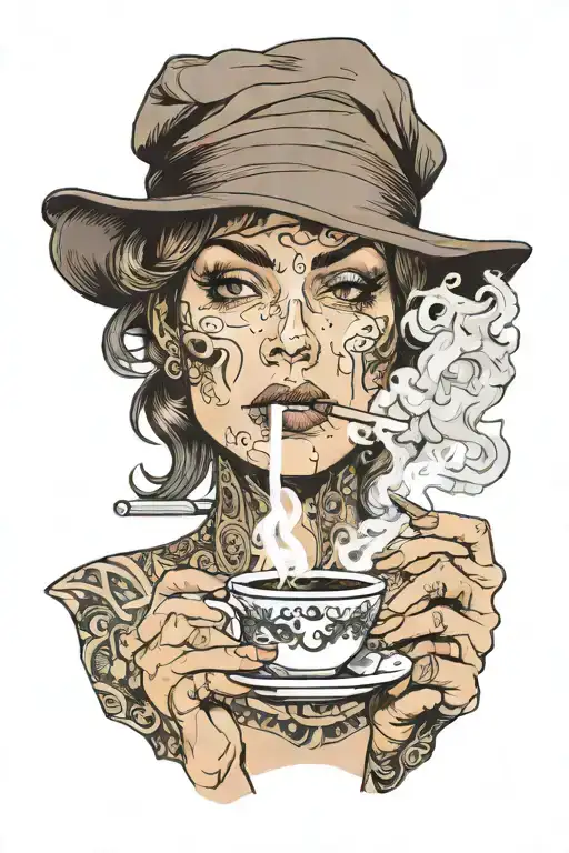 smoking woman holding cup and cig poc closing out type scenery real capture that dept and emotion tattoo design idea