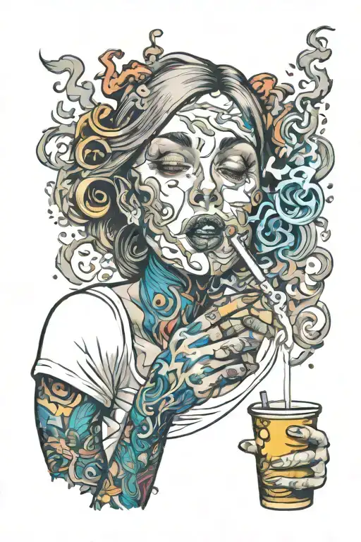 smoking woman holding cup and cig poc closing out type scenery real capture that dept and emotion of suffering  tattoo design idea