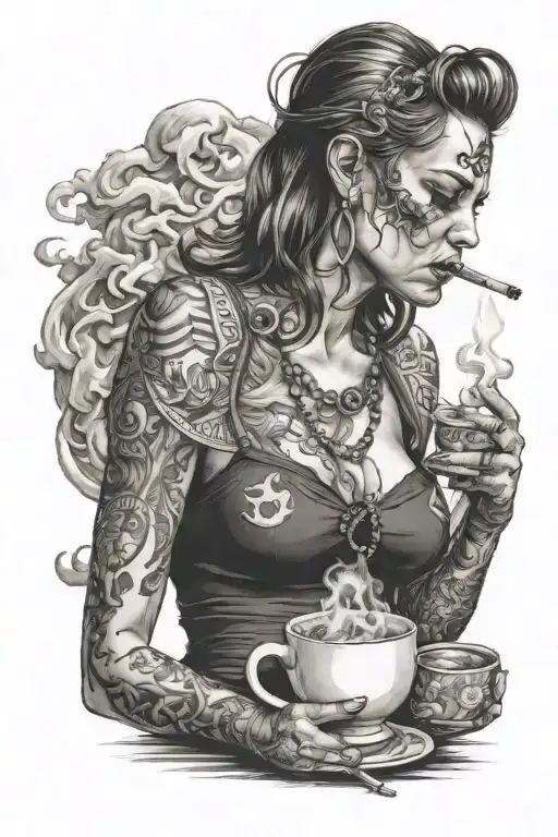 smoking woman holding cup and cig poc closing out type scenery real capture that dept and emotion of suffering  tattoo design idea