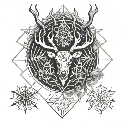 Symetrical womb tattoo featuring stag horns and a snowflake tattoo design idea