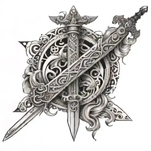 An intricate design of swords intertwined with symbols of equality, set against a backdrop of bold waves tattoo design idea