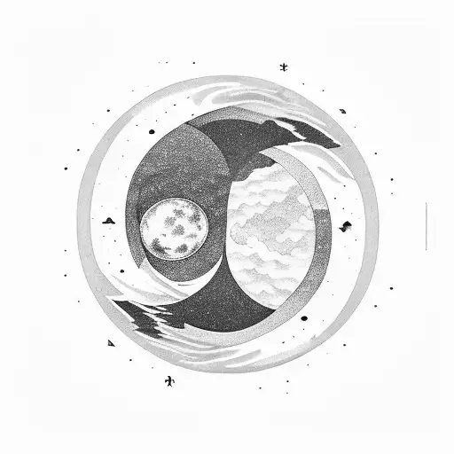in a Yin and Yang; black part: whitish moon, night sky, moon mirrored in a lake, beautiful stars at heaven, maybe mounta tattoo design idea