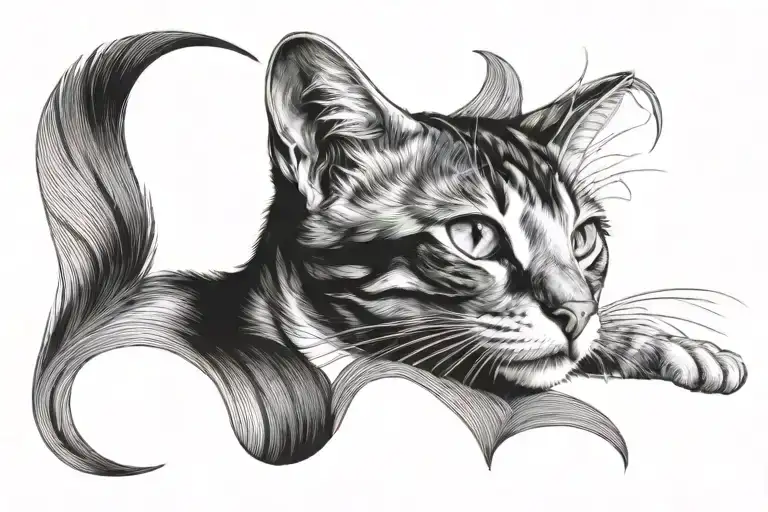 black and white cat curled tattoo design idea