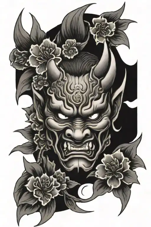 oni mask surrounded by Sakura flowers tattoo design idea