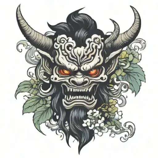 flowers smoke oni demon tattoo design idea