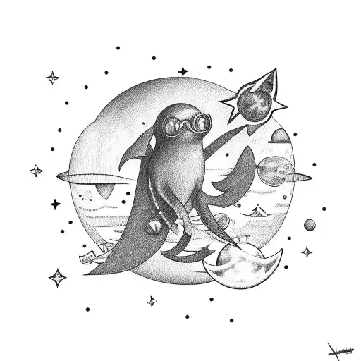astronut on a wing hanging from the moon over a horizon with stars and coconut trees tattoo design idea