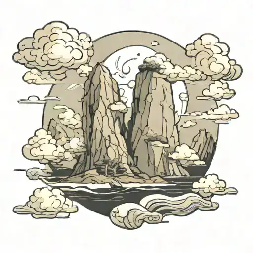 “Imagine a monochromatic seascape with a large rock formation or cliff on one side. The sky is full of cloud tattoo design idea