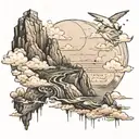 “Imagine a monochromatic seascape with a large rock formation or cliff on one side. The sky is full of cloud tattoo design idea