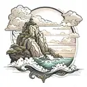 “Imagine a monochromatic seascape with a large rock formation or cliff on one side. The sky is full of cloud tattoo design idea