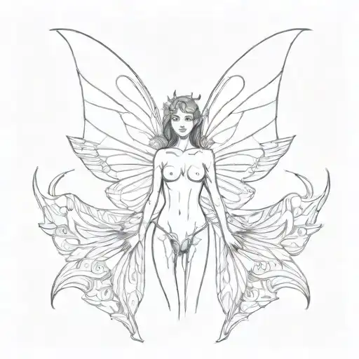 butterfly and angel wings look with a woman outline in the middle the body only from chest to thighs    tattoo design idea