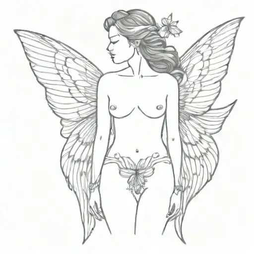 butterfly and angel wings look with an outline in the middle of a woman's chest to thighs no face and no legs  tattoo design idea