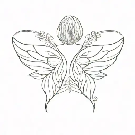 butterfly and angel wings look with an outline in the middle of a woman's back tattoo design idea