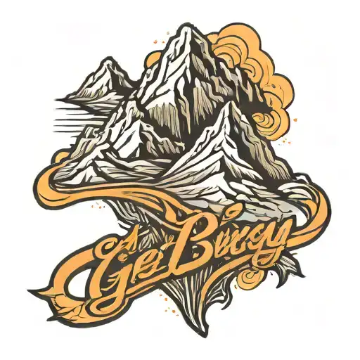 GET BUSY LIV'N cursive logo with mountains drawn from topographic lines tattoo design idea