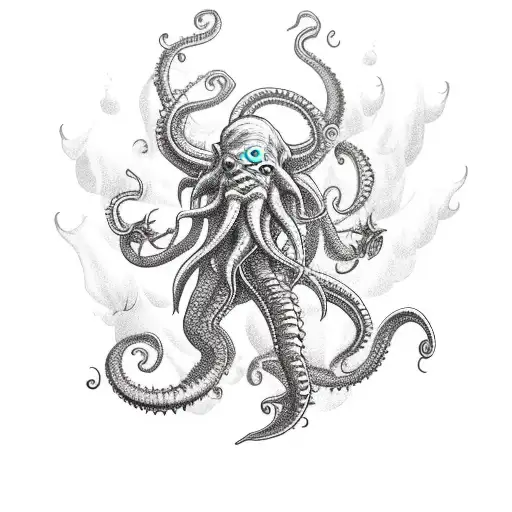 A Cthulhu-inspired pirate ship battling a sea monster in a stormy ocean tattoo design idea