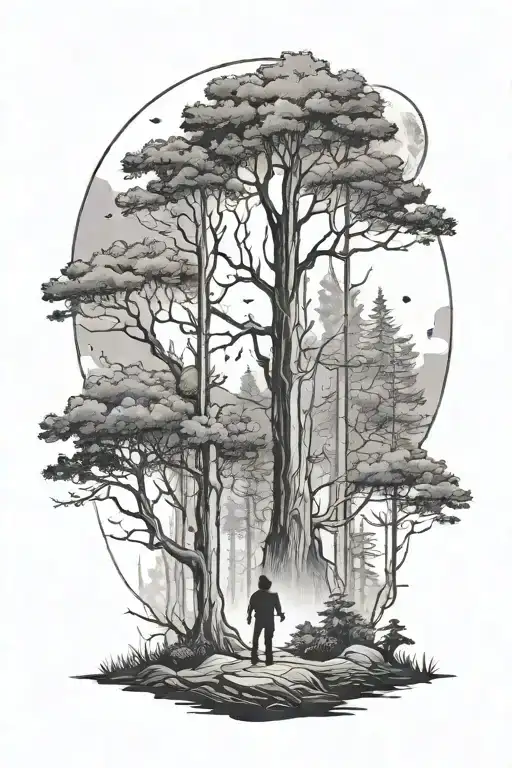 Forest with trees, moon and man walking towards tattoo design idea
