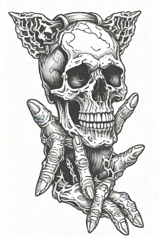 hand holding skull with fingers thru eyes and torn flesh  tattoo design idea