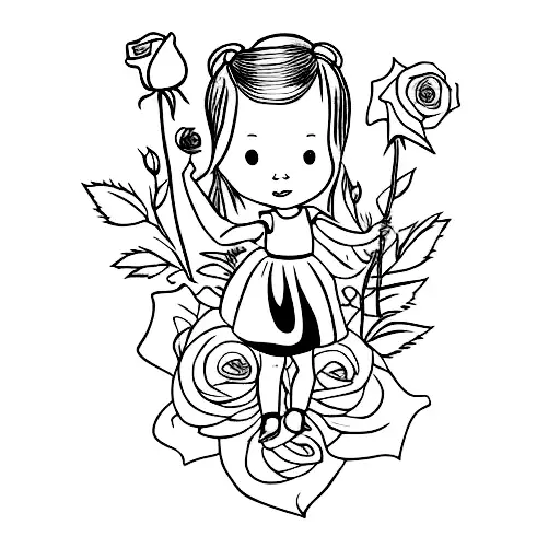 a little girl holding a rose with a bumble bee on the rose tattoo design idea