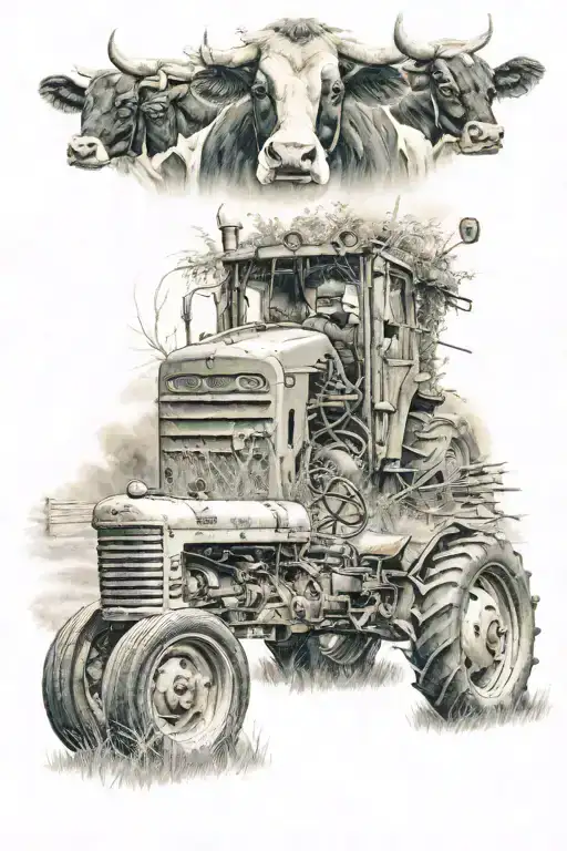 old tractor with cows grazing, an old truck and a dirt road  tattoo design idea