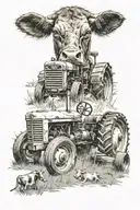 old tractor with cows grazing, an old truck and a dirt road  tattoo design idea