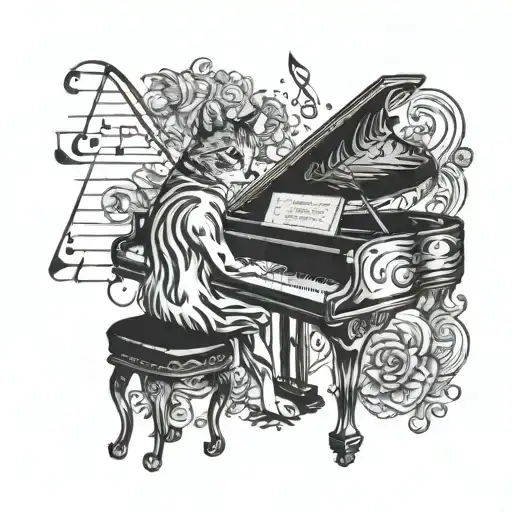 A cat playing a grand piano surrounded by musical notes and theater masks tattoo design idea