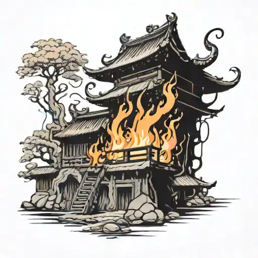 fire flames,old temple ruins tattoo design idea