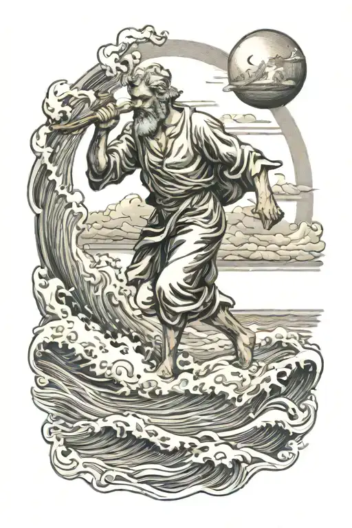 beach, waves with St christopher walking  tattoo design idea