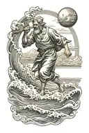 beach, waves with St christopher walking  tattoo design idea