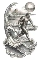 beach, waves with St christopher walking  tattoo design idea