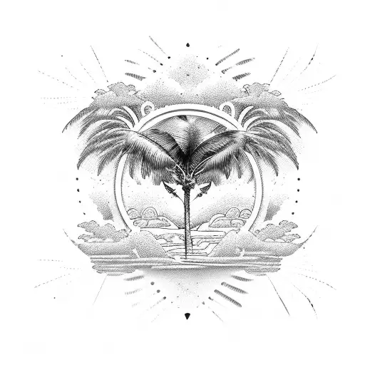 airplane with palm tree wave heart tattoo design idea
