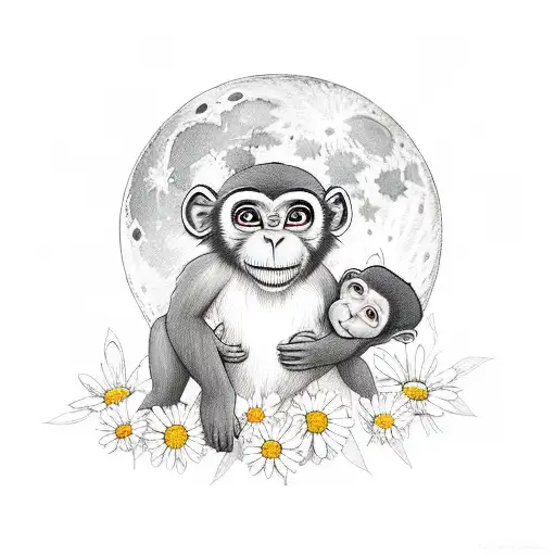 Moon with a cute baby monkey sat on it holding daisies tattoo design idea