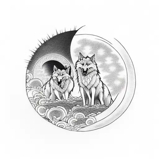 two wolfes one chasing the moon and another chasing the sun, one of the wolfes are black and the other is white tattoo design idea