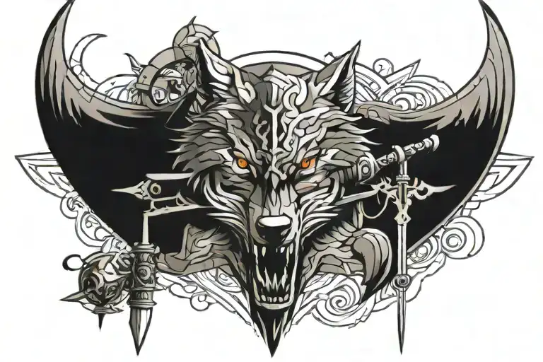 geo wolf sword mechanics tattoo design idea