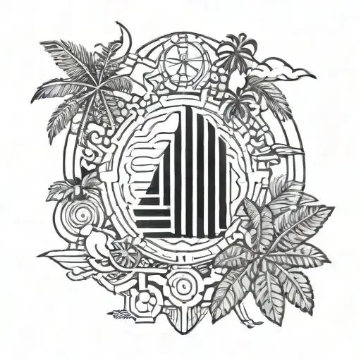 A minimalist outline of the AC Milan logo surrounded by tropical island elements, reflecting the client's favorite things tattoo design idea