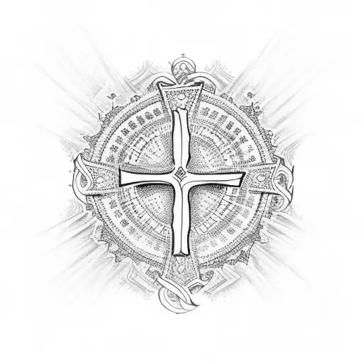 Intricate dotwork design incorporating a cross and Bible verses tattoo design idea
