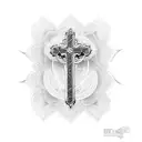 Intricate dotwork design incorporating a cross and Bible verses tattoo design idea